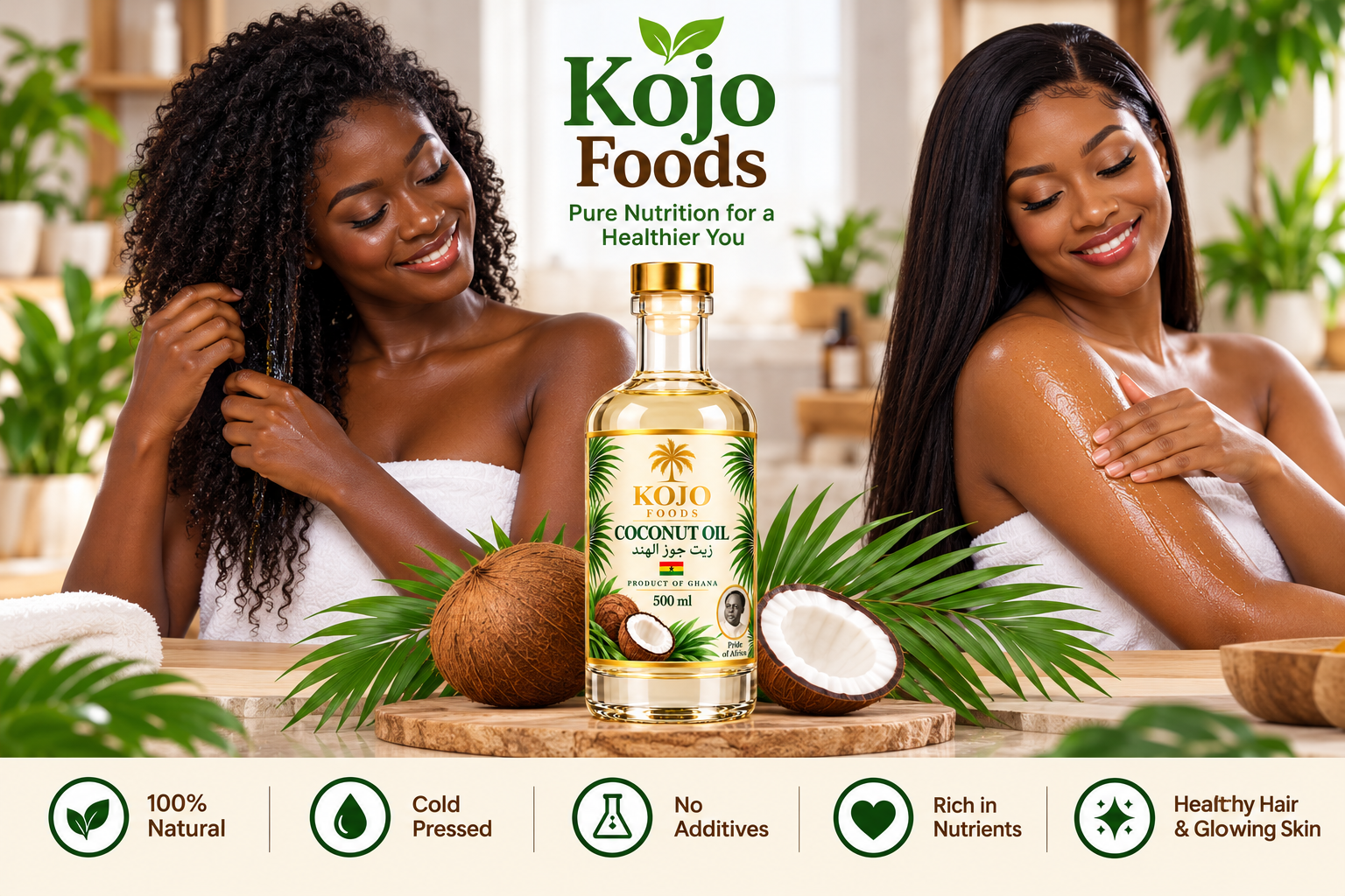 Kojo Foods 500 ml coconut oil bottle between two women demonstrating hair and skin care